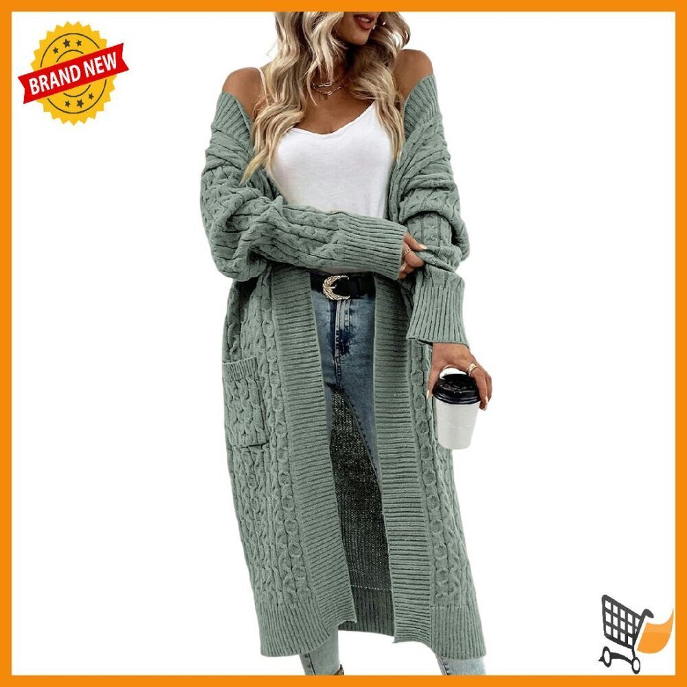 Long Cable Knit Cardigan with Pockets, Open Front, 100% Polyester